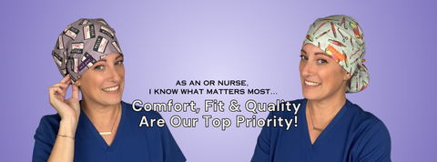 Healthcare professional wearing two different patterned scrub caps on a purple background.