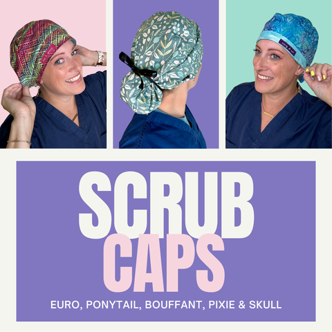 Collage of medical professionals wearing colorful patterned scrub caps in different styles.