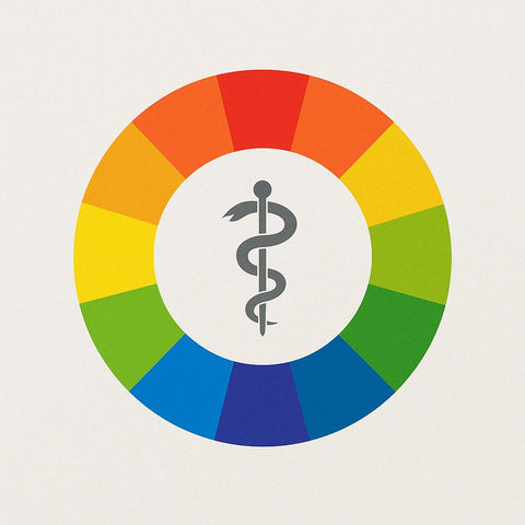 A rainbow color wheel surrounding a grey Caduceus medical symbol.