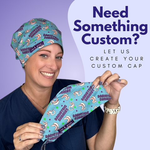 Woman wearing a custom bariatric surgery themed scrub cap and holding a matching face mask.