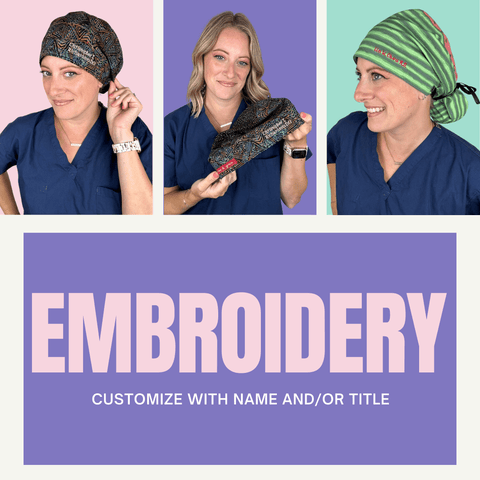 Three medical professionals wearing stylish scrub caps with a banner for custom embroidery.