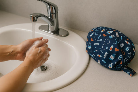 Hands washing with soap in a sink next to a blue patterned medical scrub cap.