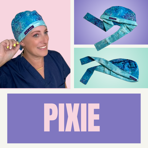 Rae & Grace blue patterned pixie scrub cap shown worn and as a product layout.