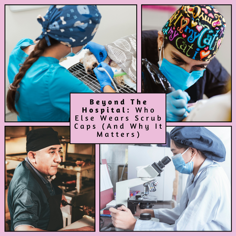 Collage of professionals wearing different scrub caps in veterinary, medical, and food settings.