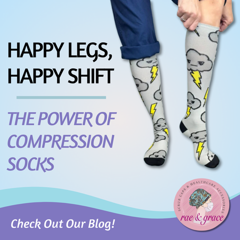 Medical professional wearing cloud and lightning bolt compression socks with a blog promotional text.