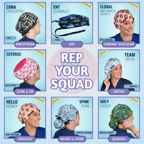 Collage of diverse medical scrub caps for various specialties like anesthesia, ENT, and ortho.
