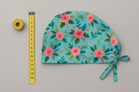 Teal scrub cap with pink rose print next to a measuring tape for sizing.