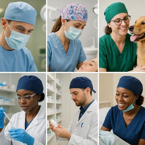 Collage of medical professionals wearing colorful scrub caps in various healthcare settings.
