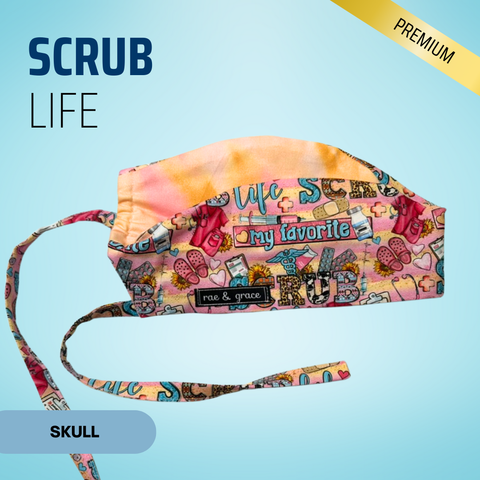 Colorful scrub cap with medical patterns and 'my favorite scrub life' text by rae & grace.