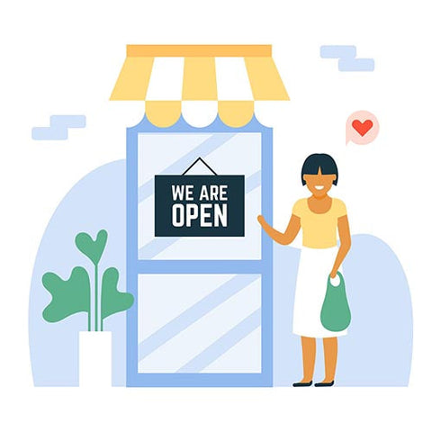 Illustration of a happy customer holding a shopping bag in front of a small store with an open sign.