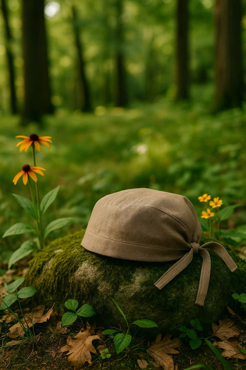 A tan sustainable fabric scrub cap resting on a mossy rock in a lush green forest.