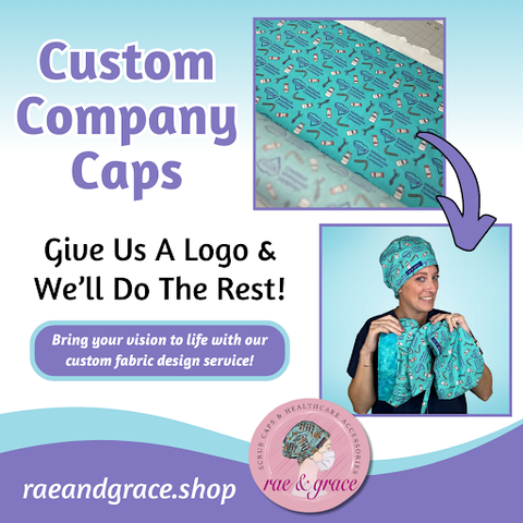 Custom fabric design service for medical scrub caps with sample patterns and a person wearing one.