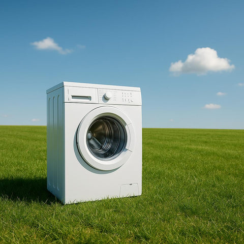 A white front-load washing machine standing alone in a lush green field under a blue sky.