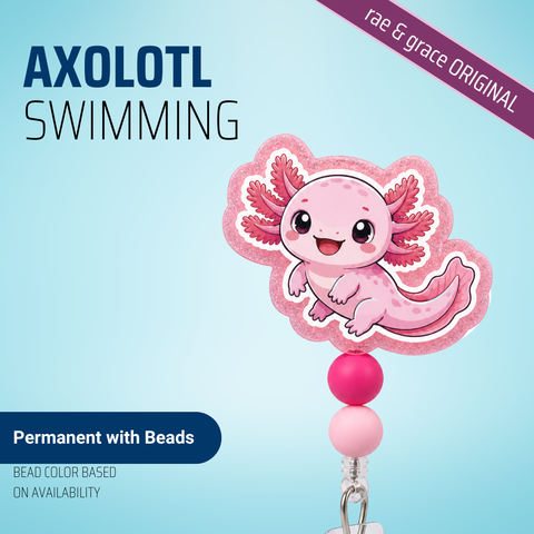 Axolotl Swimming - Badge Reel - rae & grace - Permanent/Beads