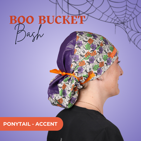 Boo Bucket Bash - Scrub Cap - rae & grace - Ponytail - Accent Top