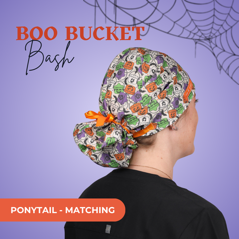 Boo Bucket Bash - Scrub Cap - rae & grace - Ponytail - Matching Top