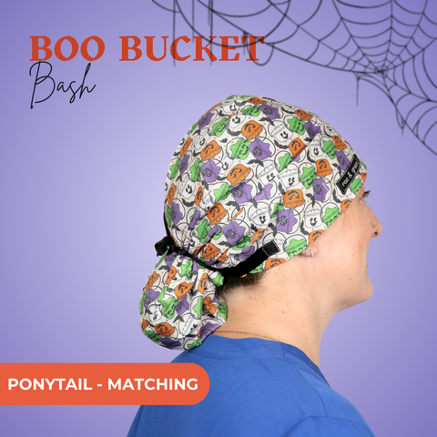 Boo Bucket Bash - Scrub Cap - rae & grace - Ponytail - Matching Top