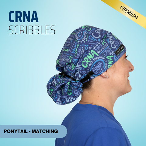 Crna Scribbles Blue - Scrub Cap - rae & grace - Ponytail - Matching Top