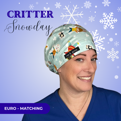 Critter Snow Day - Scrub Cap - rae & grace - Euro - Matching Top