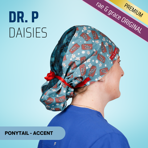 Dr P. Daisies - Scrub Cap - rae & grace - Ponytail - Accent Top