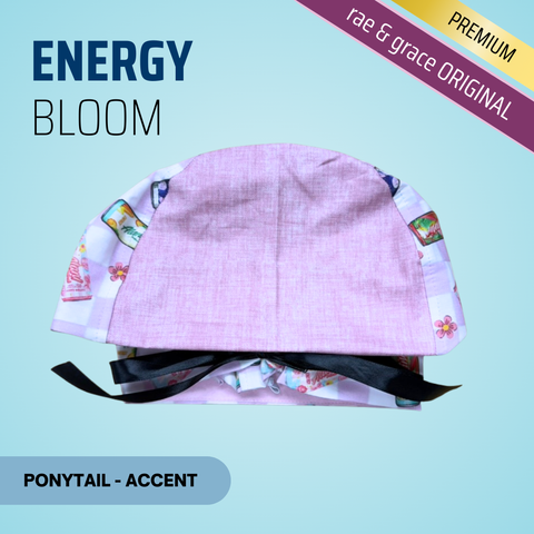 Energy Bloom Checkered - Scrub Cap - rae & grace - Ponytail - Accent Top