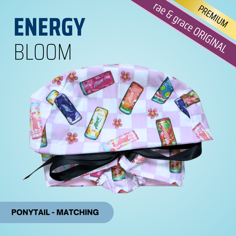 Energy Bloom Checkered - Scrub Cap - rae & grace - Ponytail - Matching Top