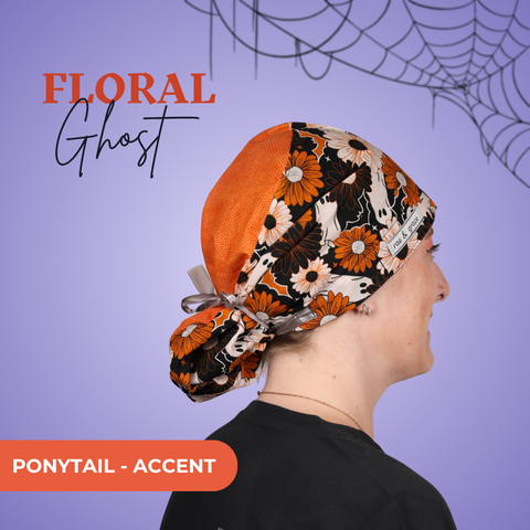 Floral Ghosts - Scrub Cap - rae & grace - Ponytail - Accent Top