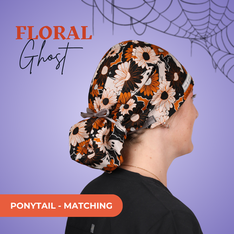 Floral Ghosts - Scrub Cap - rae & grace - Ponytail - Matching Top