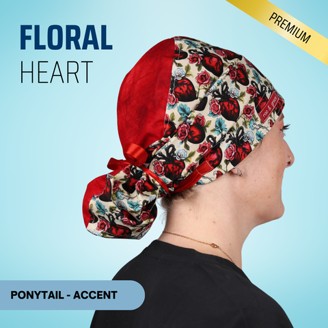 Floral Heart - Scrub Cap - rae & grace - Ponytail - Accent Top