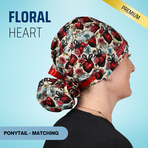 Floral Heart - Scrub Cap - rae & grace - Ponytail - Matching Top