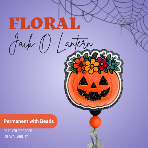 Floral Jack-o-Lantern - Badge Reel - rae & grace - Permanent/Beads
