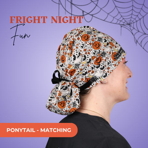 Fright Night Fun - Scrub Cap - rae & grace - Ponytail - Matching Top
