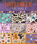 A promotional collage for Halloween-themed patterns or prints, with large orange text reading 'HALLOWEEN PRE-SALE' on a purple background and a row of small Halloween icons above. Below are nine sample pattern panels in different colors and motifs, including pumpkins, ghosts, bats, bows, stars, and spooky decorations.