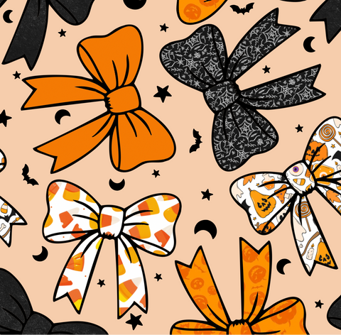 A repeating seamless pattern featuring various stylized bows in orange, black, and white with Halloween-themed patterns like spiderwebs, candy corn, and jack-o'-lanterns, set against a light peach background with small black stars and crescent moons.