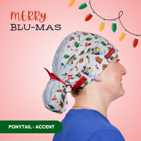 Merry Blue-Mas - Scrub Cap - rae & grace - Ponytail - Accent Top