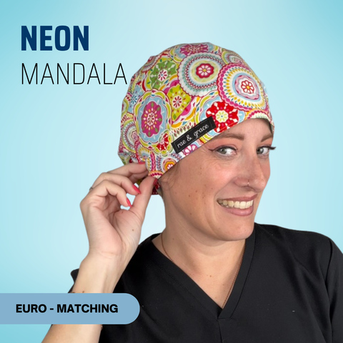 Neon Mandala - Scrub Cap - rae & grace - Euro - Matching Top