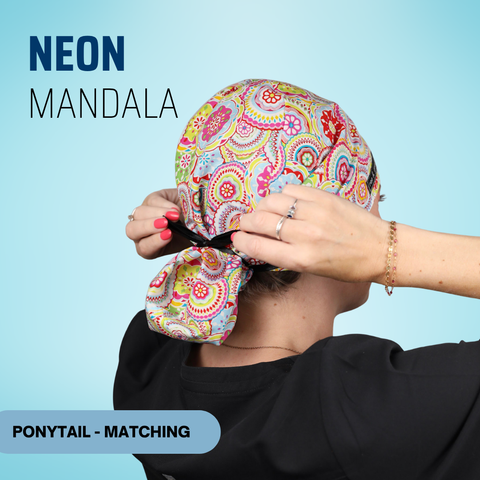 Neon Mandala - Scrub Cap - rae & grace - Ponytail - Matching Top
