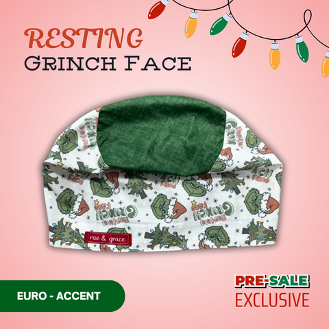Resting Grinch Face - Scrub Cap - rae & grace - Euro - Accent Top