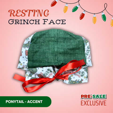 Resting Grinch Face - Scrub Cap - rae & grace - Ponytail - Accent Top