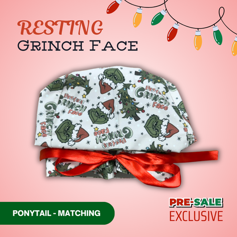 Resting Grinch Face - Scrub Cap - rae & grace - Ponytail - Matching Top