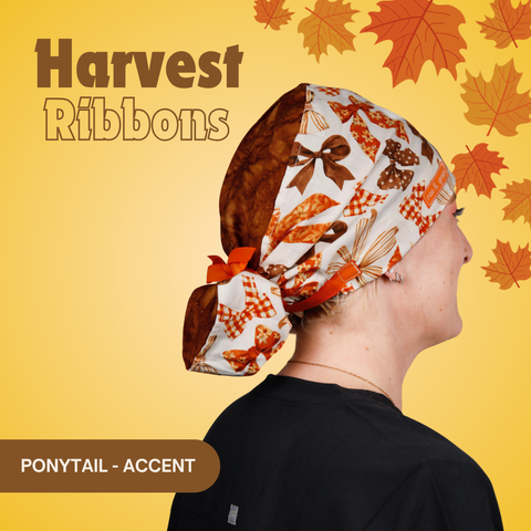 Harvest Ribbons - Scrub Cap - rae & grace - Ponytail - Accent Top