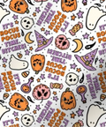 A repeating Halloween-themed pattern on a white background with orange jack-o'-lanterns, purple witch hats, white ghosts, black skulls, pink pumpkins, stars, candy, and text reading 'Hocus Pocus Time, Bitches!'.