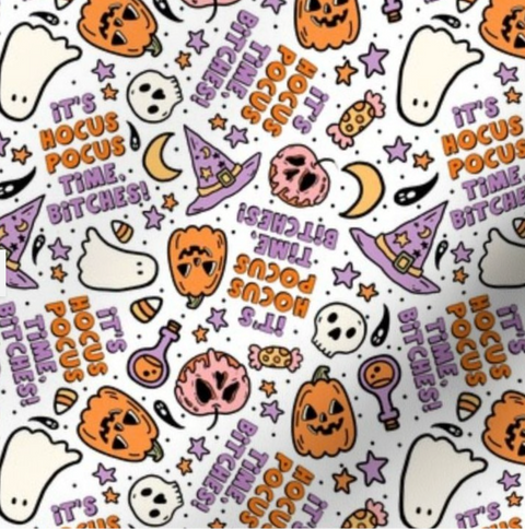 A repeating Halloween-themed pattern on a white background with orange jack-o'-lanterns, purple witch hats, white ghosts, black skulls, pink pumpkins, stars, candy, and text reading 'Hocus Pocus Time, Bitches!'.