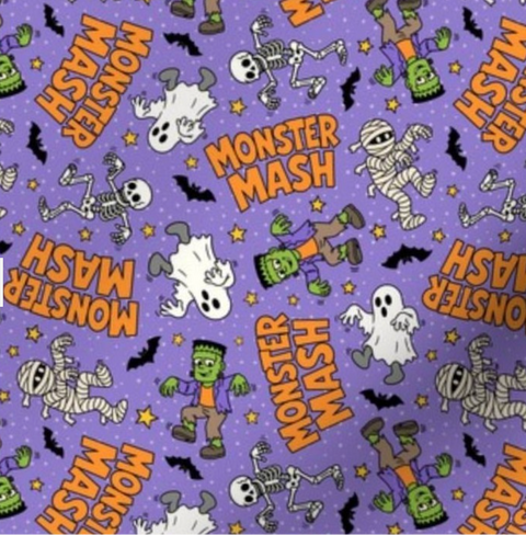 Purple Halloween-themed fabric with a repeating 'Monster Mash' pattern featuring cartoon mummies, skeletons, ghosts, Frankenstein's monster, bats, and stars.