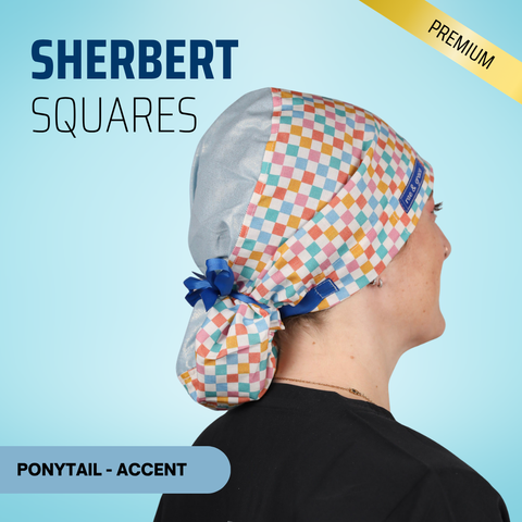 Sherbert Squares - Scrub Cap - rae & grace - Ponytail - Accent Top