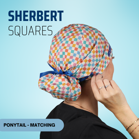 Sherbert Squares - Scrub Cap - rae & grace - Ponytail - Matching Top