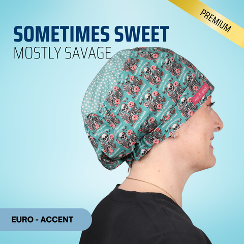 Sometimes Sweet Mostly Savage - Scrub Cap - rae & grace - Euro - Accent Top