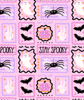A repeating Halloween-themed pattern on a light pink background, featuring black spiders, white ghosts in scalloped frames, black bats, orange pumpkins, white handprints, and the words “Stay Spooky.”.