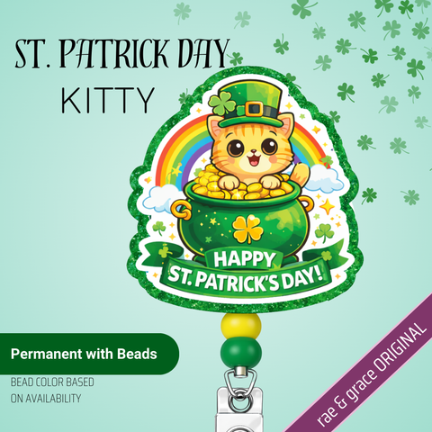 St. Patrick Day Kitty - Badge Reel - rae & grace - Permanent/Beads