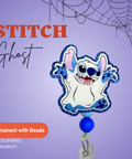 Ghost-themed Stitch badge holder with blue bead on a purple background